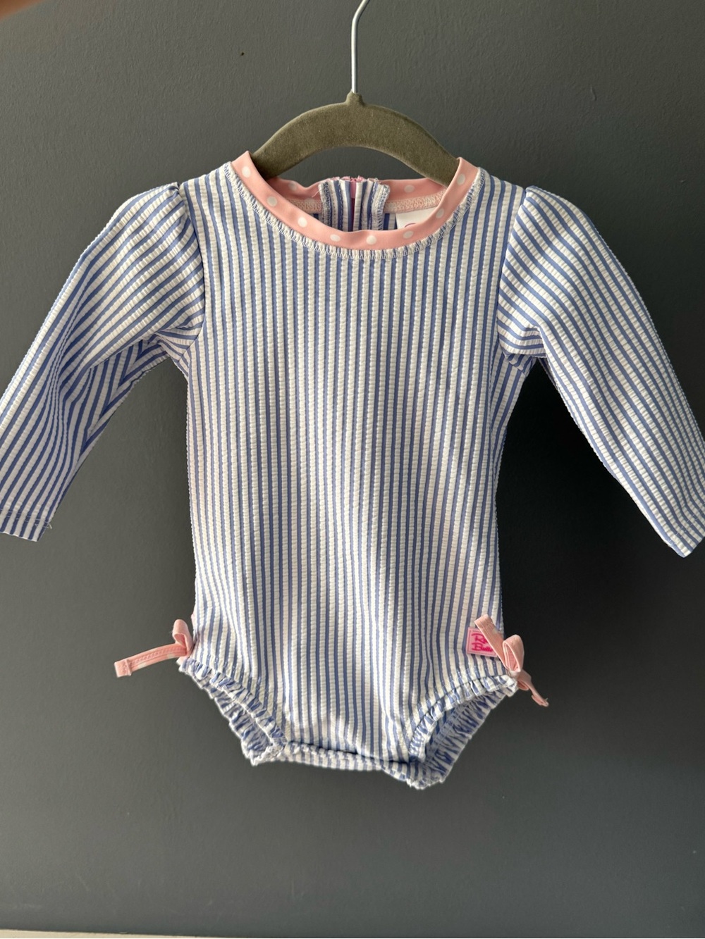 Ruffle Butts Blue and White Striped Long-Sleeve One-Piece with Pink Trim